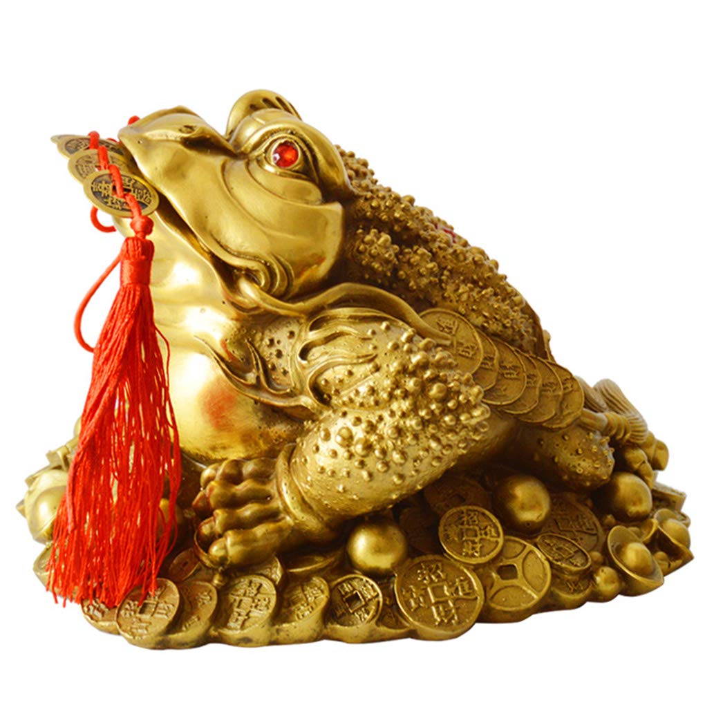 Feng Shui Money Frog Statue with Set of 5 Lucky Charm Ancient Coins on Red String