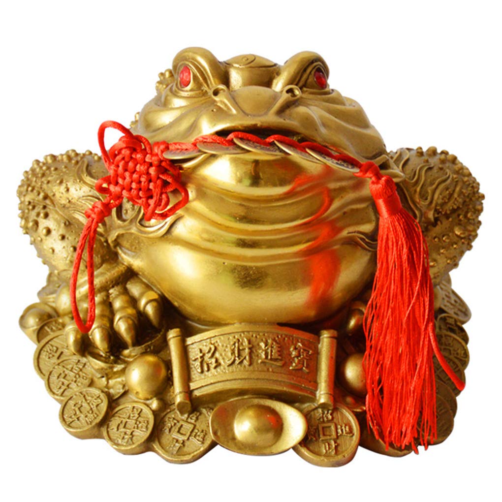 Feng Shui Money Frog Statue with Set of 5 Lucky Charm Ancient Coins on Red String