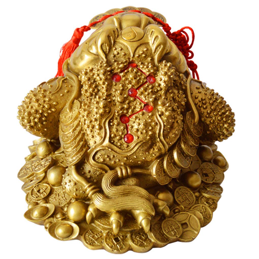 Feng Shui Money Frog Statue with Set of 5 Lucky Charm Ancient Coins on Red String